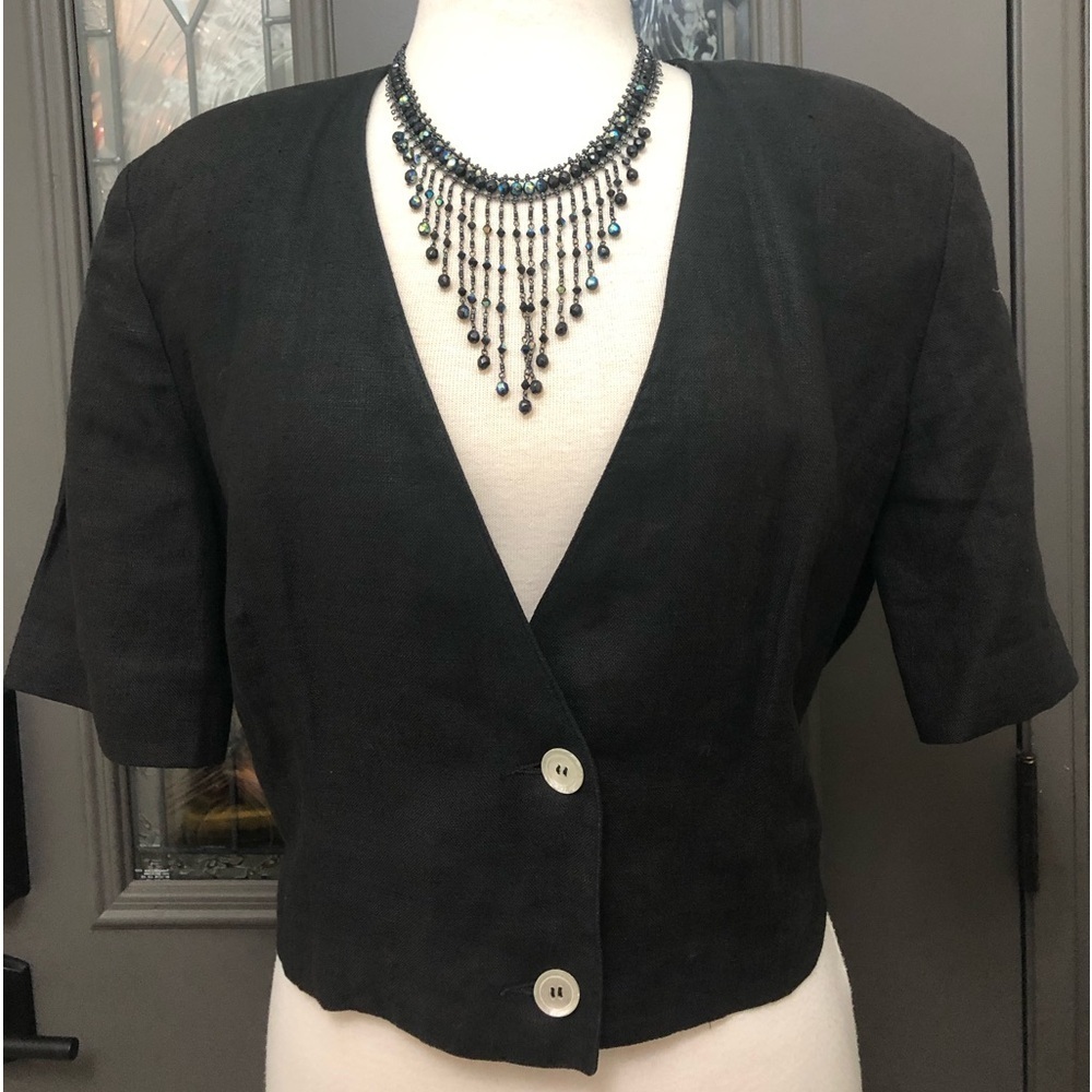 Talbots Vintage 100% Linen Black Cropped Bolero Two Button Jacket